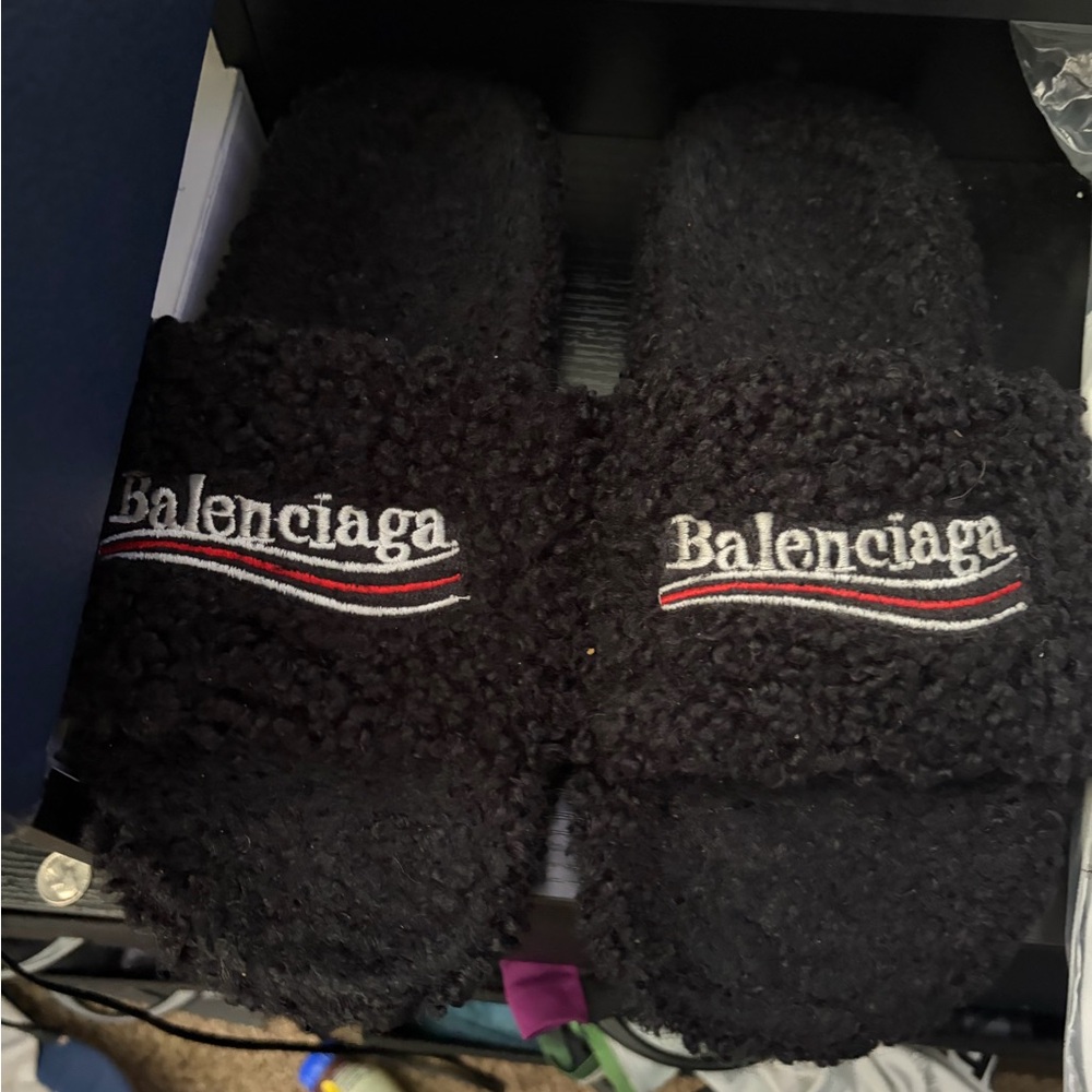 Balenciaga Black Fuzzy Logo Slide Sandals with Red & White Stripe